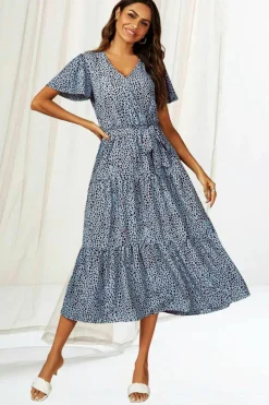 Midi Dresses|Wrap Dresses*FS Collection Leopard Print Hem Tiered Wrap Midi Dress In Blue