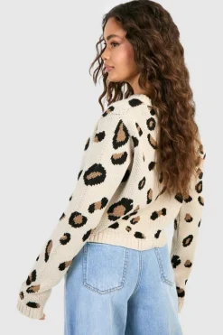 Cardigans|Knitwear*boohoo Leopard Print Knitted Bow Detail Cardigan cream
