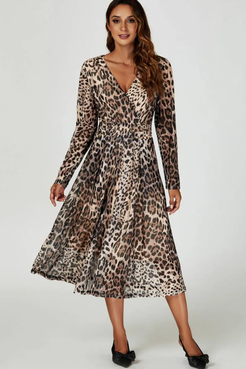 Midi Dresses*FS Collection Leopard Print Mesh Midi Dress In Brown