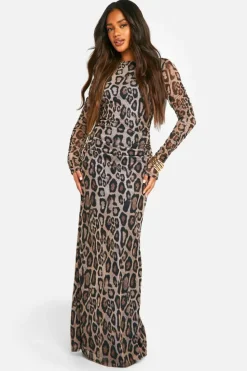 Maxi Dresses|Long Sleeve Dresses*boohoo Print Ruched Maxi Dress leopard