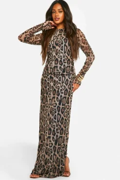 Maxi Dresses|Long Sleeve Dresses*boohoo Print Ruched Maxi Dress leopard