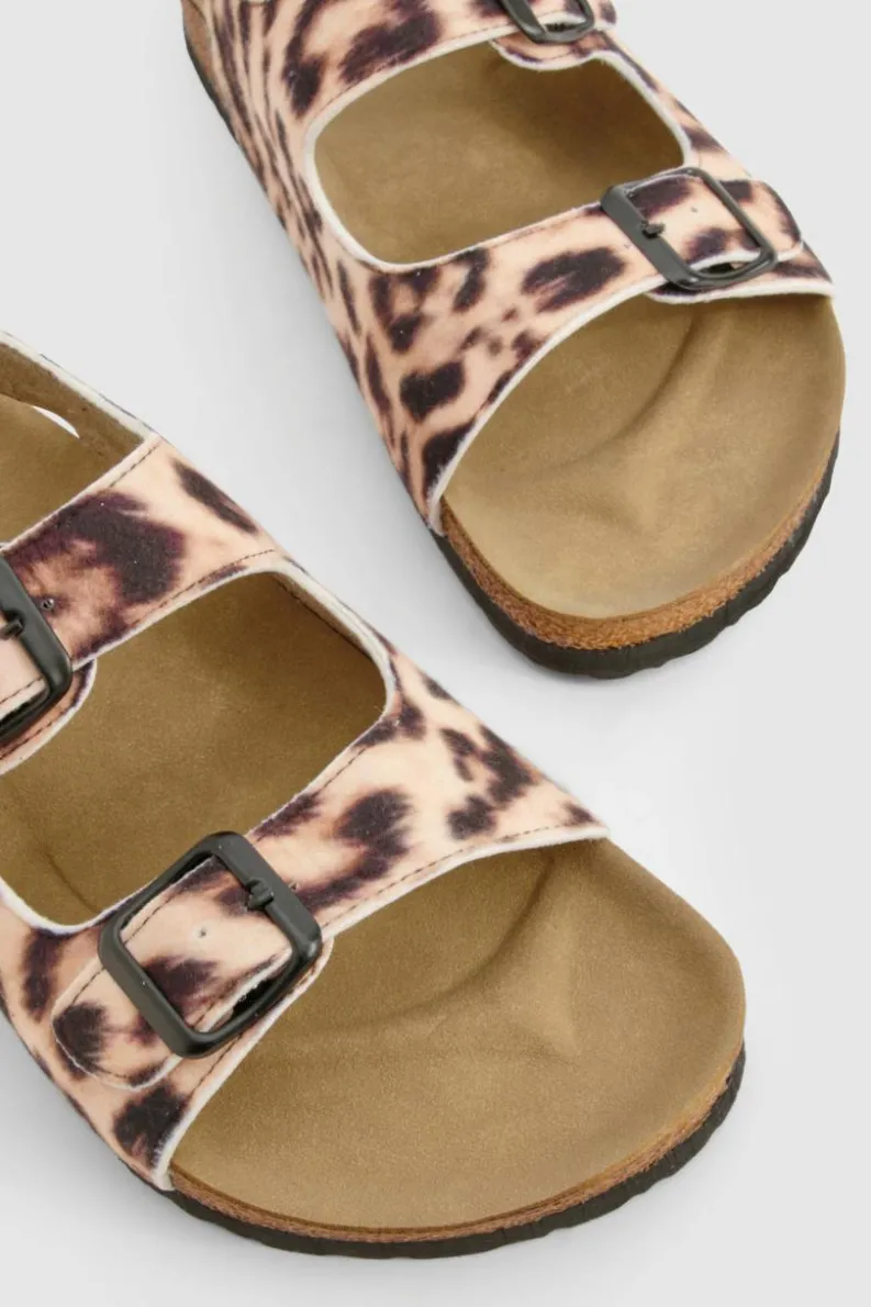 Sandals*boohoo Print Textile Double Strap Footbed Sandals leopard