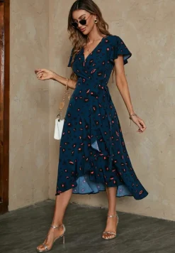 Wrap Dresses*FS Collection Leopard Print Wrap Hem Midi Dress In Blue