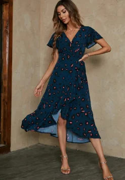 Wrap Dresses*FS Collection Leopard Print Wrap Hem Midi Dress In Blue