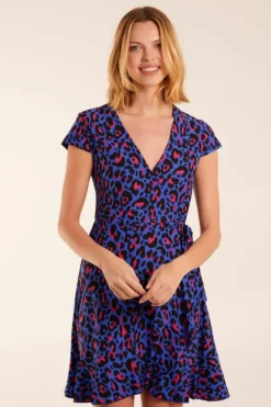 Wrap Dresses*Blue Vanilla Leopard Print Wrap Mini Dress Blue
