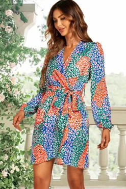 Wrap Dresses*FS Collection Leopard Print Wrap Mini Dress In Blue