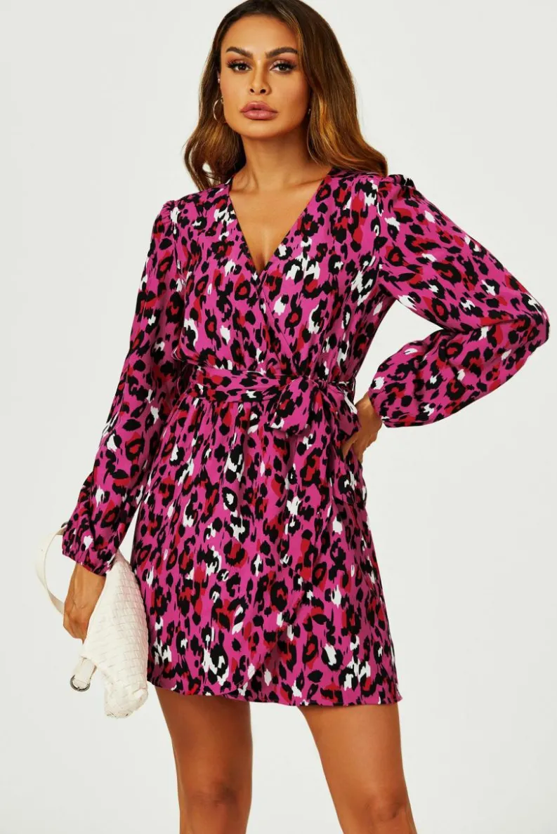 Wrap Dresses*FS Collection Leopard Print Wrap Top Mini Dress In Magenta Pink