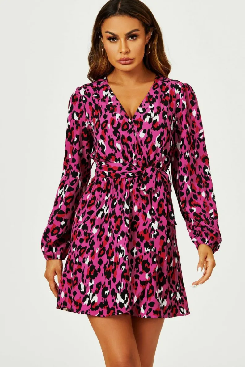 Wrap Dresses*FS Collection Leopard Print Wrap Top Mini Dress In Magenta Pink