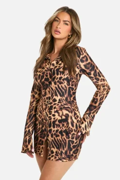 Shirt Dresses*boohoo Printed Bengaline Shirt Mini Dress leopard
