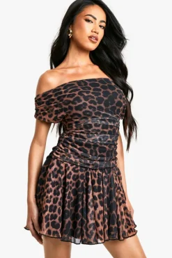 Skater Dresses*boohoo Leopard Printed Mesh Ruched Pleated Hem Mini Dress black