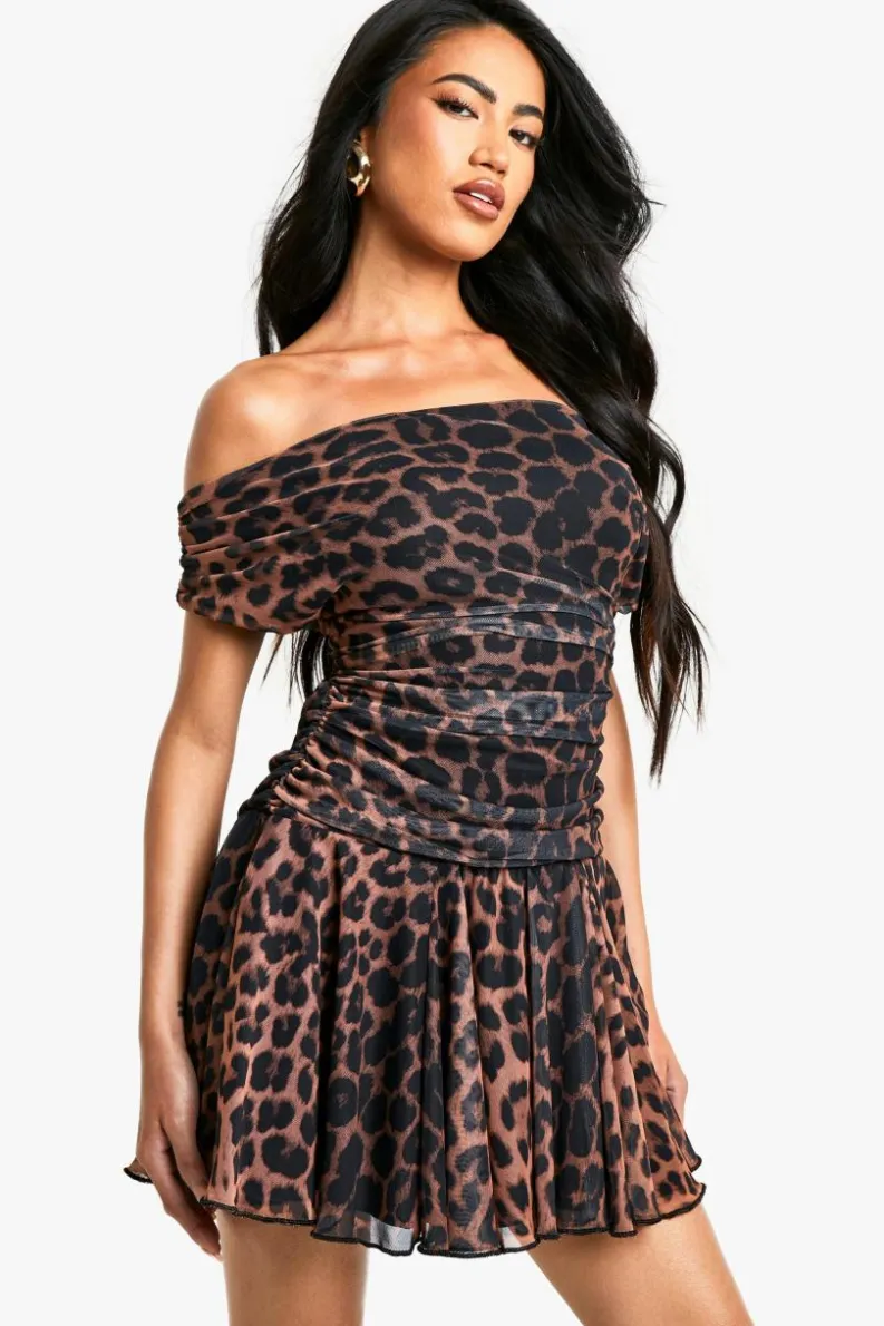 Skater Dresses*boohoo Leopard Printed Mesh Ruched Pleated Hem Mini Dress black