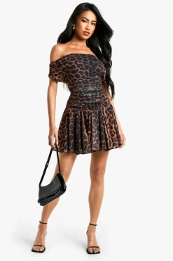 Skater Dresses*boohoo Leopard Printed Mesh Ruched Pleated Hem Mini Dress black