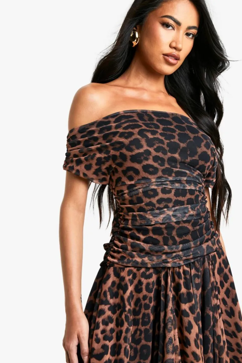 Skater Dresses*boohoo Leopard Printed Mesh Ruched Pleated Hem Mini Dress black