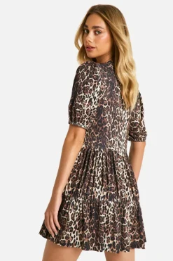 Smock Dresses*boohoo Leopard Rib Tie Front Smock Dress brown