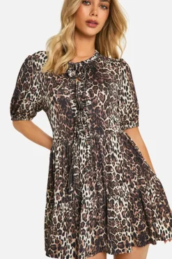 Smock Dresses*boohoo Leopard Rib Tie Front Smock Dress brown