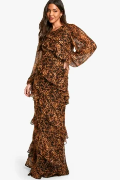 Maxi Dresses|Long Sleeve Dresses*boohoo Leopard Ruffle Chiffon Maxi Dress multi