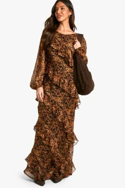 Maxi Dresses|Long Sleeve Dresses*boohoo Leopard Ruffle Chiffon Maxi Dress multi