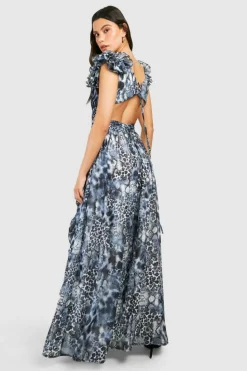 Skater Dresses|Maxi Dresses*boohoo Leopard Ruffle Cut Out Maxi Dress brown