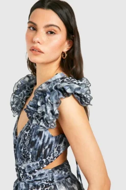Skater Dresses|Maxi Dresses*boohoo Leopard Ruffle Cut Out Maxi Dress brown