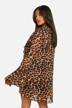 Mini Dresses|Long Sleeve Dresses*boohoo Leopard Ruffle Shift Dress brown