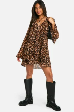 Mini Dresses|Long Sleeve Dresses*boohoo Leopard Ruffle Shift Dress brown