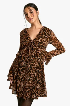 Smock Dresses*boohoo Leopard Ruffle Sleeve Mini Dress brown