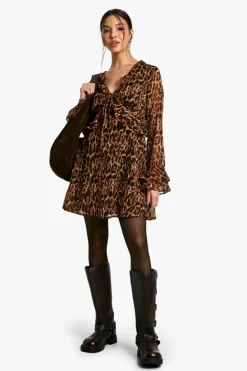Smock Dresses*boohoo Leopard Ruffle Sleeve Mini Dress brown