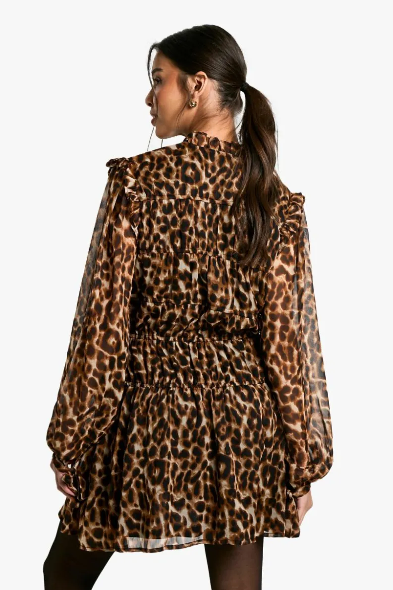 Smock Dresses*boohoo Leopard Tie Chiffon Smock Dress brown