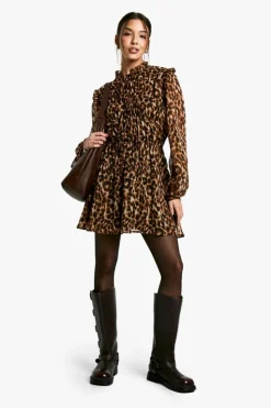 Smock Dresses*boohoo Leopard Tie Chiffon Smock Dress brown