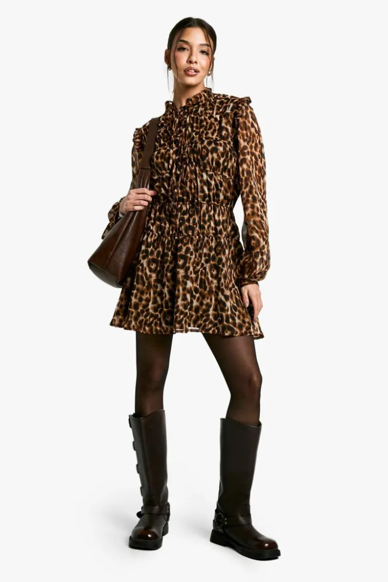 Smock Dresses*boohoo Leopard Tie Chiffon Smock Dress brown