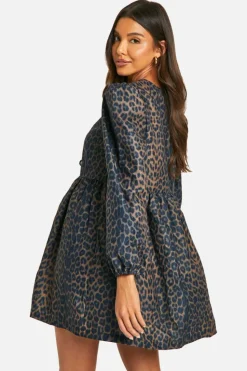 Smock Dresses*boohoo Leopard Tie Front Long Sleeve Smock Dress brown