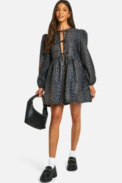 Smock Dresses*boohoo Leopard Tie Front Long Sleeve Smock Dress brown