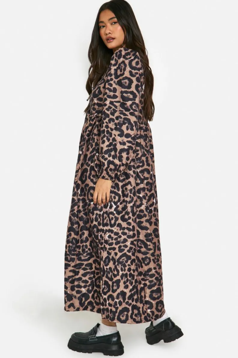 Smock Dresses*boohoo Leopard Tie Front Midaxi Smock Dress brown