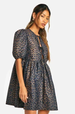 Smock Dresses*boohoo Leopard Tie Front Mini Dress brown