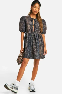 Smock Dresses*boohoo Leopard Tie Front Mini Dress brown
