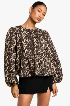 Long Sleeve Tops|Tops*boohoo Tie Front Puff Long Sleeve Smock Top leopard