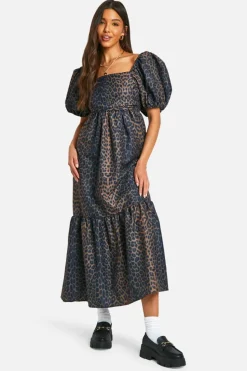 Smock Dresses*boohoo Leopard Volume Puff Sleeve Midaxi Dress brown