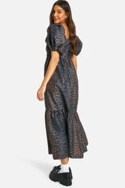 Smock Dresses*boohoo Leopard Volume Puff Sleeve Midaxi Dress brown