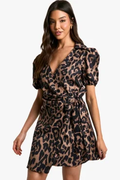 Smock Dresses|Wrap Dresses*boohoo Leopard Wrap Smock Dress brown