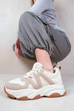 Trainers*Where's That From Liberate' Chunky Sole Mesh Trainers With Suede Detail Cream
