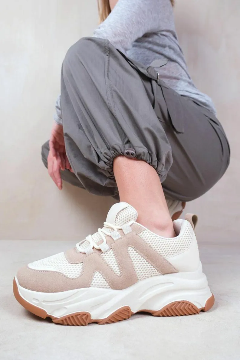 Trainers*Where's That From Liberate' Chunky Sole Mesh Trainers With Suede Detail Cream