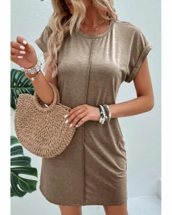T-Shirt Dresses|Shirt Dresses*Azura Exchange Light French Beige Center Seam Rolled Cuffs T-shirt Dress Multi