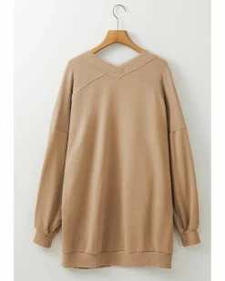 Cardigans*Azura Exchange Light French Beige Ribbed Edge Exposed Seam Knit Cardigan with Pockets Multi