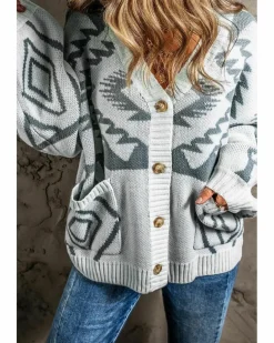 Cardigans*Azura Exchange Light Grey Geometric Pattern Ribbed Trim Button-Up Cardigan Multi