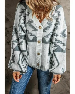 Cardigans*Azura Exchange Light Grey Geometric Pattern Ribbed Trim Button-Up Cardigan Multi
