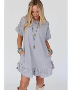Shirt Dresses|T-Shirt Dresses*Azura Exchange Light Grey Lace Floral Patchwork Ruffled T-shirt Dress Multi