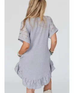 Shirt Dresses|T-Shirt Dresses*Azura Exchange Light Grey Lace Floral Patchwork Ruffled T-shirt Dress Multi