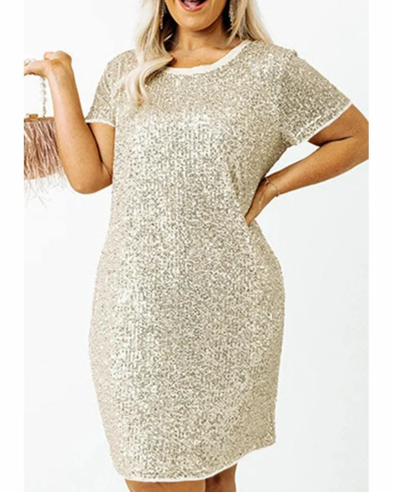 Shirt Dresses|T-Shirt Dresses*Azura Exchange Light Pink Plus Size Sequin Short Sleeve T-shirt Dress Multi