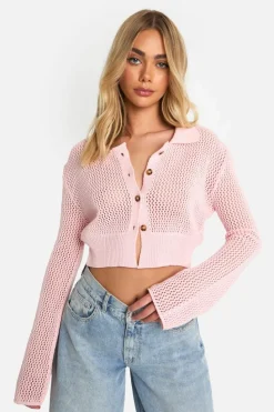 Cardigans|Jumpers & Cardigans*boohoo Lightweight Knit Collared Cropped Cardigan light pink