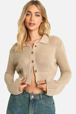 Cardigans*boohoo Lightweight Knit Collared Cropped Cardigan stone